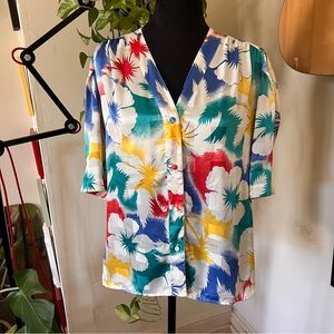 Vtg 80s Lloyd Williams Floral Geometric Primary Colors Blouse - Size 4